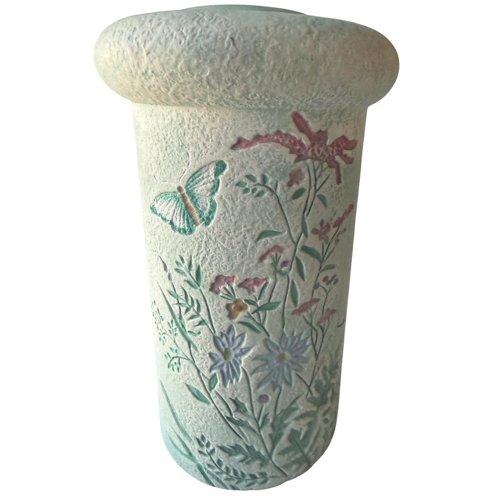 Signed 1980s Botanical Ceramic Vase & Candle Holder Cottagecore Mint Green - Picture 5 of 11